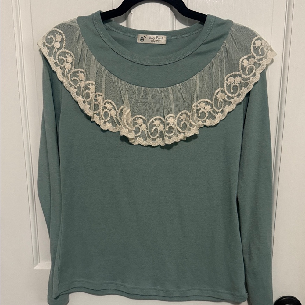 Sage Green Lace Yoke Long Sleeve Top by Baby Phat